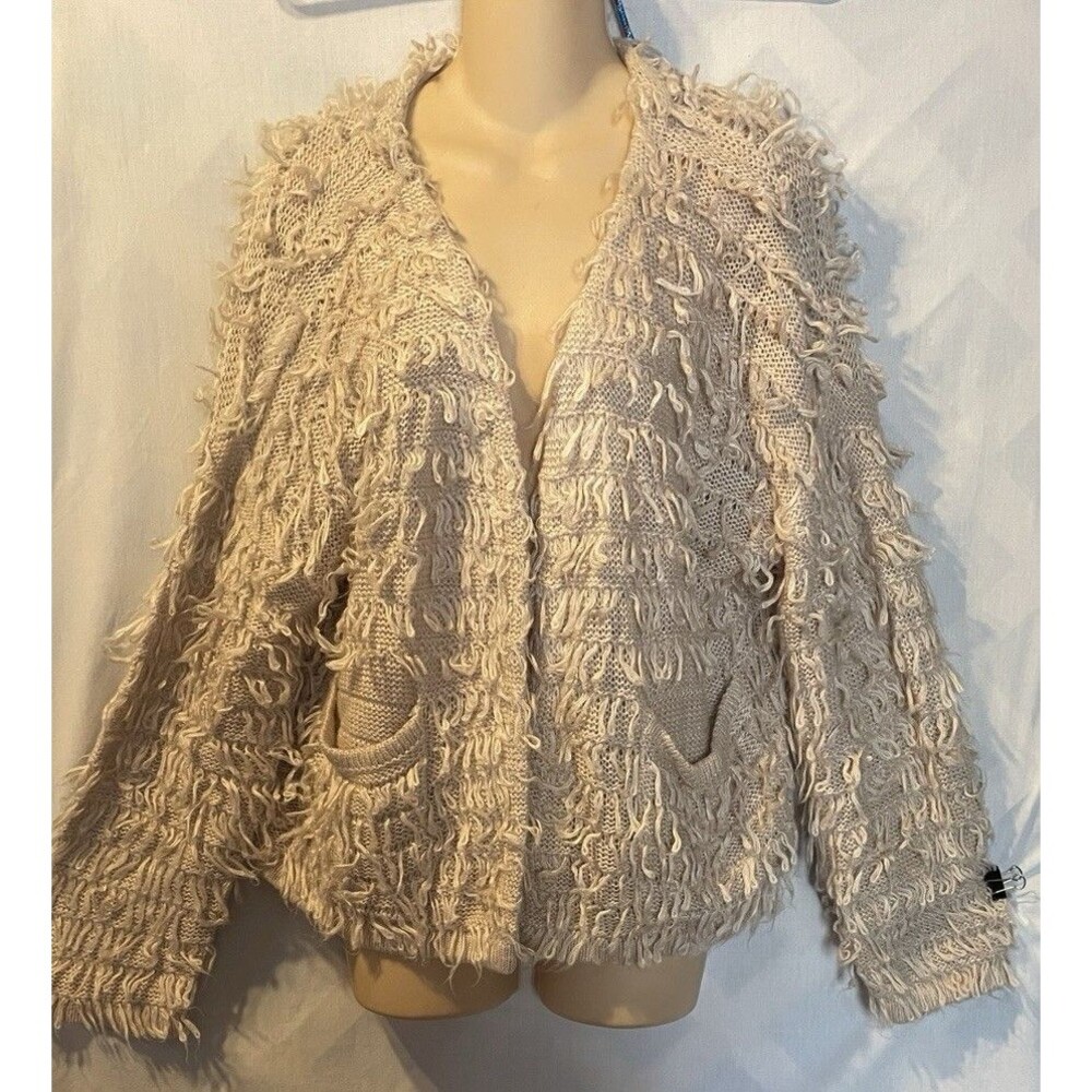 Blu Pepper Shaggy Loop Fringe Knit Cardigan Sweater Cream Ivory Boho Pockets L